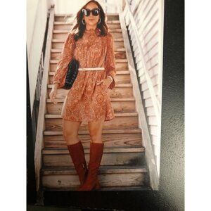 A NEW DAY- WOMEN'S ORANGE PAISLEYPRINT LONG SLEEVE KNEE LENGHT DRESS SIZE SMALL